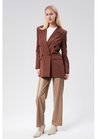 Resim Kahverengi Regular Astarlı Kruvaze Kapama Dokuma Oversize Blazer Ceket 001 