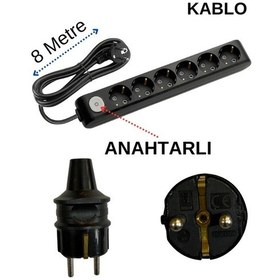 Resim Avarson 6'lı Altılı Priz Topraklı Anahtarlı Kablolu Siyah 3x1,5 Ttr 8 Sekiz Metre 