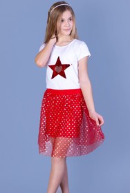 Resim Toontoy Kız Çocuk 2'li Takım Baskılı Bisiklet Yaka T-Shirt & Astarlı Tül Etek 