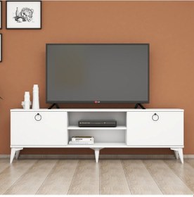 Resim 160Cm Beyaz Tv Sehpası Siyah Halka Kulplu 