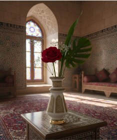 Resim Selçuklu Desen Gold Işlemeli El Işçiliği Krem Büyük Cam Vazo Beyaz 