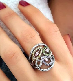 Resim OSESHOP Renkli Zirkon Taşlı Gümüş Lüks Yüzük 