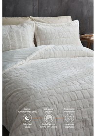 Resim Evlen Home Çift Taraflı Kişilik Kürk Yatak Örtüsü Uyku Seti Yumuşak Dolgulu Wellsoft Peluş 3 Parça Benita Krem Krem 