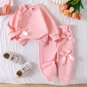 Resim Kızlar için İlkbahar/Sonbahar İki Parça Pembe Kurdele Süslemeli Yuvarlak Yaka Sweatshirt ve Pantolon Takımı, Rahat Stil, Hafif Esnek Kumaş, Normal Beden, Kelebek Deseni, Dış Mekanlar için Mükemmel 