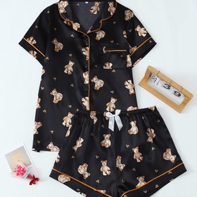 Resim Küçük Ayı Baskılı Kadın Kısa Kollu Şortlu Pijama Takımı 