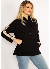 Resim Şans Kadın Siyah Kolları Dore Şerit Detaylı Kapşonlu Kanguru Cepli Sweatshirt 65n34671-siyah Siyah 