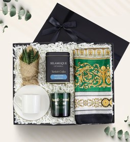 Resim Canlı Sukulent Çiçek & Türk Kahvesi & Fincan & Mum & Şal Hediye Seti 