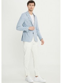 Resim AC&Co / Altınyıldız Classics Erkek Mavı Keten Slim Fit Dar Kesim Kırlangıç Yaka Balıksırtı Desenli Blazer Ceket Mavi 