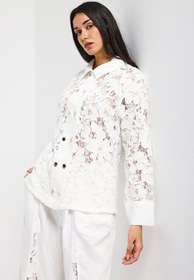 Resim Kadın Beyaz 7s6-2 Oversize Dantel Nakış Çiçek Detaylı Özel Tasarım Denim Ceket - Beyaz / M 