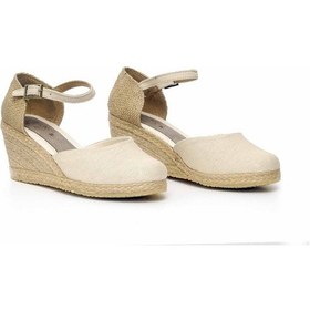 Resim Dolgu Topuk Keten Ön Düz Arka Hasır Sandalet Bej Bej 1274 