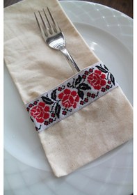 Resim 6 Adet Kanaviçe Çiçek Şeritli Keten Kaşıklık Servis Sunum Krem 