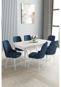 Resim Jusie Beyaz 80x132 Açılabilir Yemek Odası Takımı 6 Adet Sandalye Lacivert 