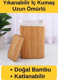 Resim Svein Kapaklı El Yapımı Dekoratif Modern Doğal Ahşap Bambu Banyo Kirli Çamaşır Sepeti 40 X 30 X 60 Cm 