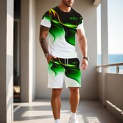 Resim Erkekler için Şık 3D Yeşil Gradyan Baskılı T-Shirt ve Şort Takımı - Rahat Yuvarlak Yaka, Kısa Kollu, Konforlu ve Nefes Alabilir, Yaz için Mükemmel, Yazlık Rahat Giyim | Grafik Tişört | Nefes Alabilir Kumaş, BÜYÜK BEDEN 