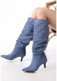 Resim Sr-2001 Kot Mavi Süet İnce Topuklu Günlük Bayan Çizme Resimdeki Renk 