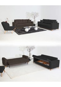 Resim Nola Koltuk Takımı 3+3+1 & Bazalı Yataklı Koltuk & Kanepe - Keten Antrasit-koyu Kahverengi 