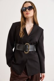 Resim Olalook Kadın Siyah Kalın Kemer Detaylı Astarlı Blazer Ceket CKT-19000516 