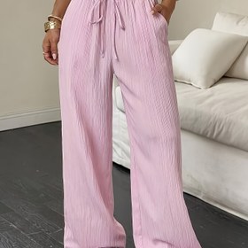 Resim Kadınlar için Hafif Pembe Geniş Bacaklı Pantolon - Rahat Bol Kesim, Yüksek Bel Tasarımı, Hafif Polyester Kumaş, Bahar Yaz Sonbahar İçin | Yüksek Bel Tasarımı | Rahat Kesim 