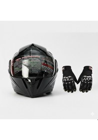 Resim Eldivenli Motor Kaskı Sİyah 