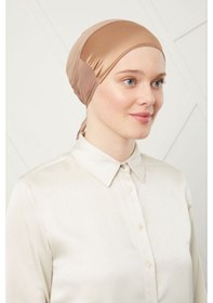 Resim Melodi Scarf Kadın Tesettür Bağlamalı Saten Bone Taba Rengi Taba Rengi Taba 
