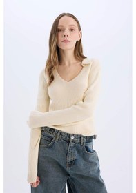 Resim DeFacto Coool Slim Fit Dar Kesim Polo Yaka Crop Triko Kazak X4929AZ25SPER103 Ekru 