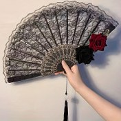 Resim Gül Dantel Tasarımlı Şık Vintage İspanyol Katlanır Yelpaze, Siyah - Düğünler, Partiler & Hediyeler İçin İdeal, Noel, Sevgililer Günü, Paskalya İçin Mükemmel 
