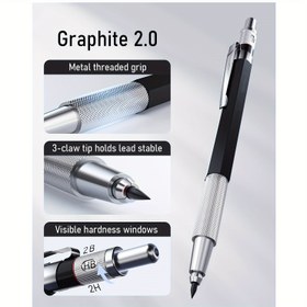 Resim 1 adet Ergonomik Metal Sanat Kalem ile 10 adet 2mm Grafit Dolum Seti (2B, HB, 2H) - Kararlı Yazma & Çizim için Dayanıklı Tutuş, Görünür Sertlik Penceresi 