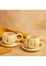 Resim Dekorasyaa Duble 2'li Seramik Kahve Fincan Takımı - 150ml - Renkli Benek Desenli Beyaz 
