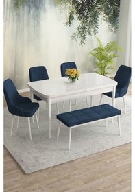 Resim Meri Serisi 80x132 Açılabilir Mdf Beyaz Masa Takımı 4 Siyah Sandalye 1 Bench Lacivert 