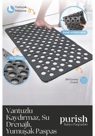 Resim Purish Banyo Duş Küvet Için Vantuzlu Kaydırmaz, Su Drenajlı, Yumuşak Paspas - Antrasit Gri - 66x36cm Antrasit Gri 