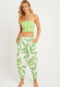 Resim Cool & Sexy Kadın Ekru-Yeşil Desenli Keten Şalvar Pantolon K1253 