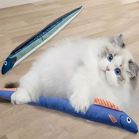 Resim Kediler için mükemmel olan sesli etkileşimli peluş balık kedi oyuncağı - Polyester hayvan desenli kumaş 
