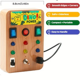 Resim Ahşap Tarzı Dinozor Anahtarlı Aktivite Tahtası Seti, 6 LED Anahtarlı Eğitici Öğrenme Oyuncağı, Elektronik Eğitim Oyuncakları 