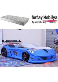 Resim Arabalı Yatak, Jaguar Rüzgarlıklı Arabalı Yatak - Mavi 1 Adet Comfort Yatak 