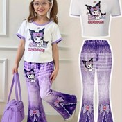 Resim Sanrio Ku'lo'M Kızlar Kısa Papyonlu Yuvarlak Yaka Tişört + Dar Kesim Geniş Paça Pantolon İki Parçalı Takım, Dış Mekan İçin Mükemmel 