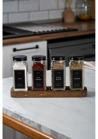 Resim Mienda Home 4'lü Ahşap Standlı Cam Baharatlık Seti Siyah Kapaklı Ve Etiketli Baharatlık Mh01syh04 Siyah - Şeffaf 