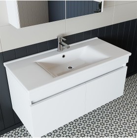 Resim banos Roomart Tm3 Ayaksız 2 Kapaklı Lavabolu Beyaz Mdf 100 Cm Banyo Dolabı Aynalı Üst Dolap Boy Dolabı 