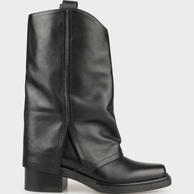 Resim Elle Siyah Deri Kadın Western Çizme 