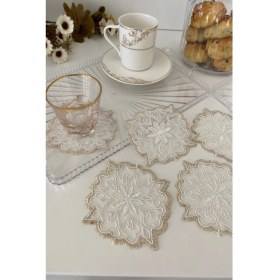 Resim Emtory Home Istanblue Model | 6 Adet Fincan Yanı Sunum Peçetesi - Gold Beyaz Kokteyl Peçetesi 