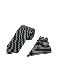 Resim Brianze 7.5 Cm Siyah Beyaz Çizgili Kravat Mendil Set Siyah - Beyaz 