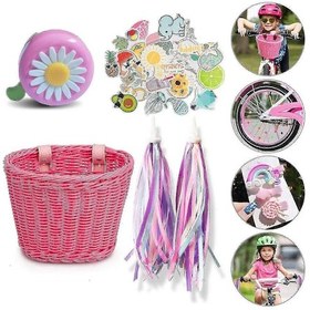 Resim Çocuklar İçin Hasır Bisiklet Sepeti, Önden Monte Edilmiş, Gidona Takılan Şeritler Ve Mor 