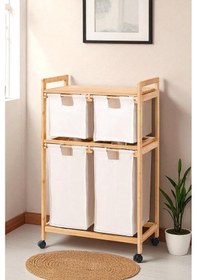 Resim Bambu 4 Bölmeli Kirli Sepetli Çamaşır Sepeti Raflı Banyo Düzenleyici Db-0018 Kahverengi 