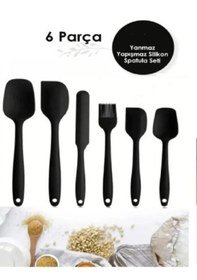 Resim 6lı Takım Yanmaz Yapışmaz Mutfak Pasta Slikon Yumurta Fırçası Kaşık Bıçak Spatula Seti Siyah 