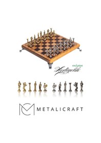 Resim Mc59 Bizans Figürlü El Yapımı Metal Satranç Takımı Kayın Ağacı Satranç Tahtası - Lüks Hediyelik 