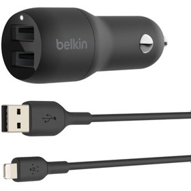 Resim Belkin 24W Hızlı Araç Şarj Cihazı 2 Port Usb Siyah + Lightning 