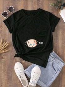 Resim Hamile Gebe T-shirt Bebek Fermuar Baskılı - Siyah Bisiklet Yaka Oversize Tişört 