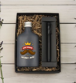 Resim Bk Gift Kişiye Özel İsimli Baba Temalı Antrasit Tasarım Cam Şişede Kolonya 200 Ml & Siyah Metal Roller Kalem Hediye Seti-3, Babaya Hediye, Babalar Gün 