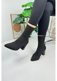 Resim Günlük Kadın Bot Yüksek Kalın Topuklu Triko Esnek Sivri Burunlu Tırtıklı Taban Rahat Bootie 168 Siyah 