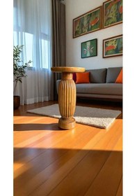 Resim Tekli Doğal Masif Ahşap Yan Sehpa Tik Renk Mantar Sehpa Modeli - Wooden Coffee Table - Decorative Tik Ağacı 