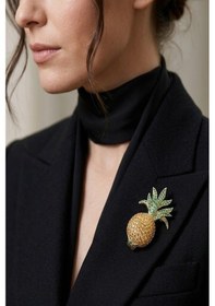 Resim Caş Dekorasyon Altın Renk Ananas Figürlü Taşlı Broş Altın 